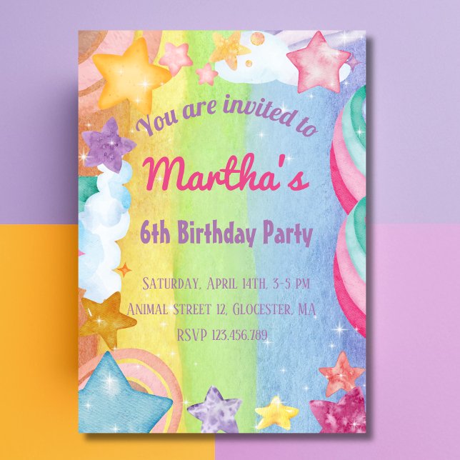 Rainbow stars sparkling cute Birthday Invitation (Creator Uploaded)