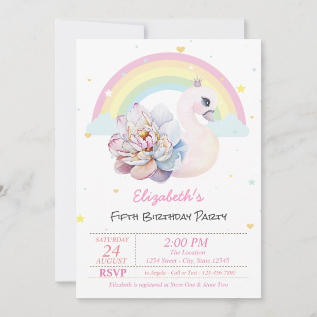 Rainbow Stars Swan Flower Birthday Invitation (Front)