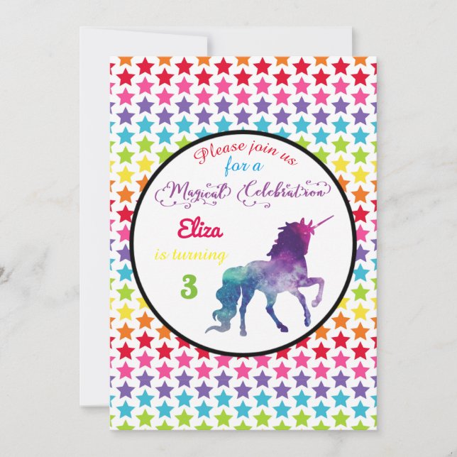 Rainbow Stars Unicorn - Birthday Invitation (Front)
