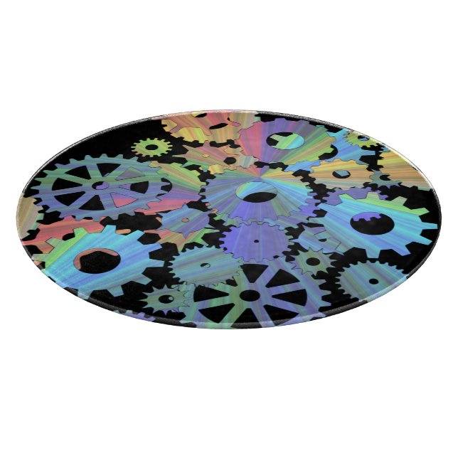 Rainbow steampunk metal gears art cutting board (Corner)