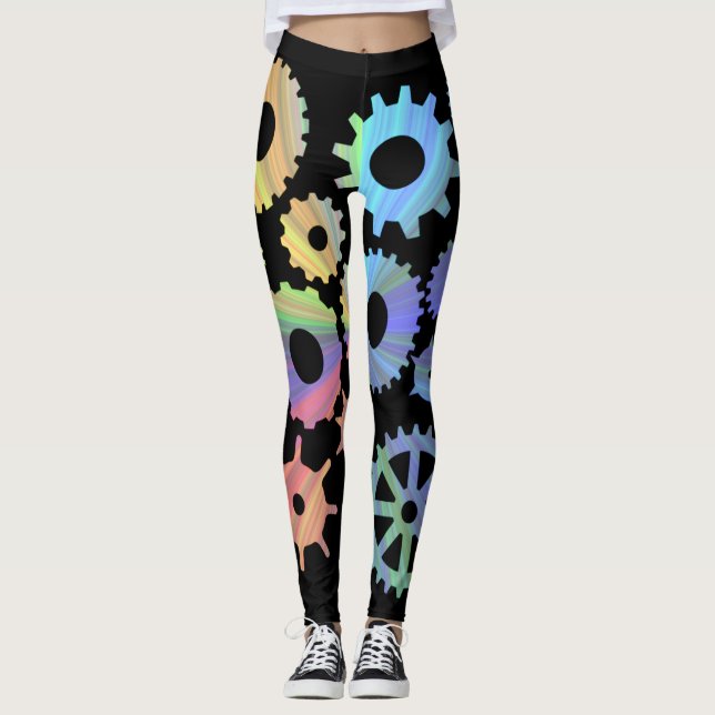 Rainbow steampunk metal gears art leggings (Front)