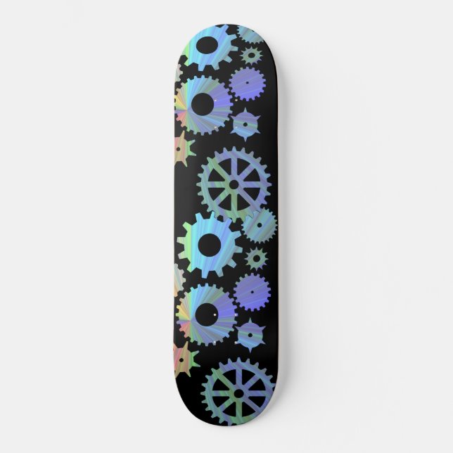 Rainbow steampunk metal gears art skateboard (Front)