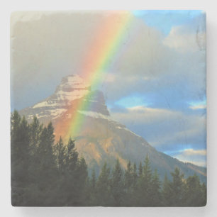 Rainbow & Storm Clouds Over Snowy Canada Mountain Stone Coaster