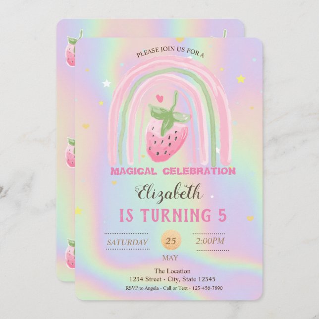  Rainbow Strawberry Holographic Birthday  Invitation (Front/Back)
