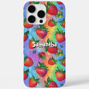 Rainbow Strawberry Pattern with Customisable Name iPhone 16 Pro Max Case