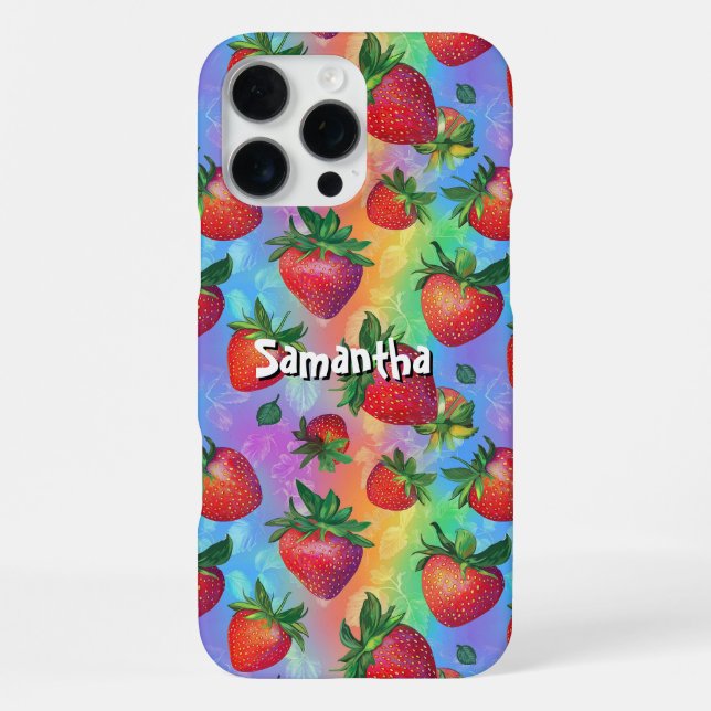 Rainbow Strawberry Pattern with Customisable Name iPhone Case (Back)