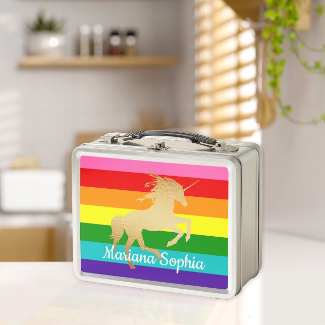 Rainbow Stripe Faux Gold Unicorn Name Kids Metal Lunch Box (Creator Uploaded)