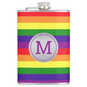Rainbow Stripe Grey Circle Monogram Hip Flask