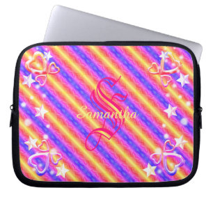 Rainbow Stripe Monogram Name Sparkle Hearts Girly Laptop Sleeve