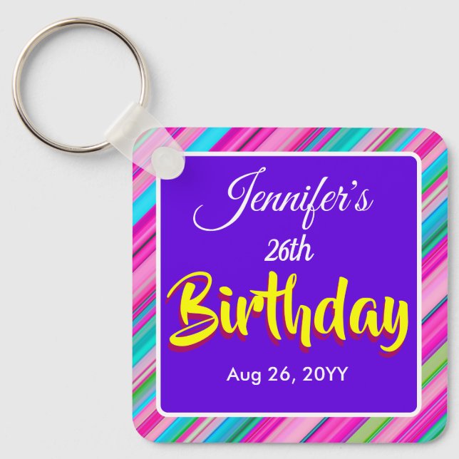 Rainbow Stripe Pattern Birthday Custom Text Key Ring (Front)