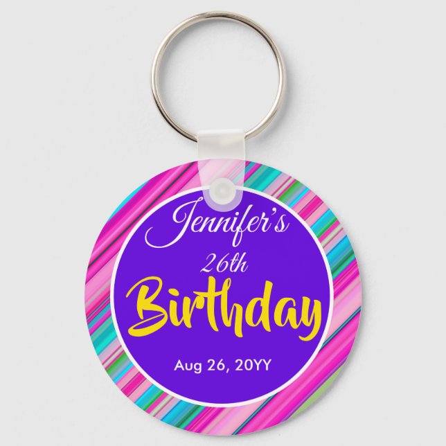 Rainbow Stripe Pattern Birthday Custom Text Key Ring (Front)