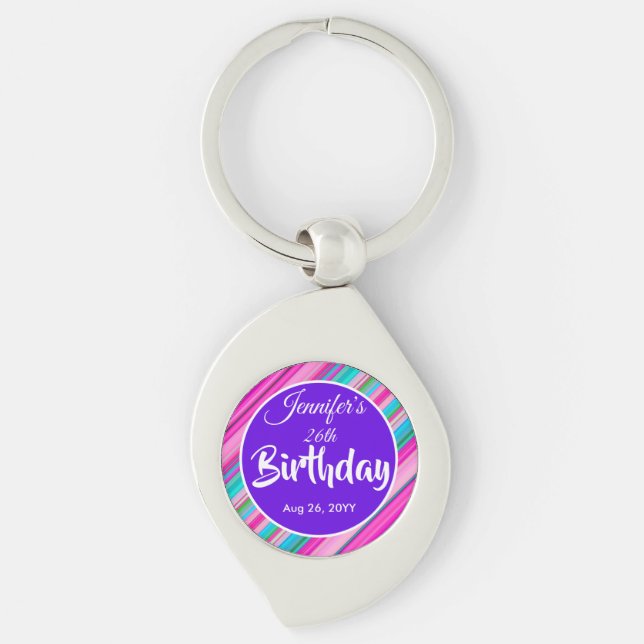 Rainbow Stripe Pattern Birthday Custom Text Key Ring (Front)
