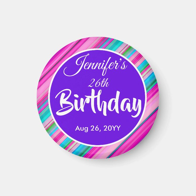 Rainbow Stripe Pattern Birthday Custom Text Magnet (Front)