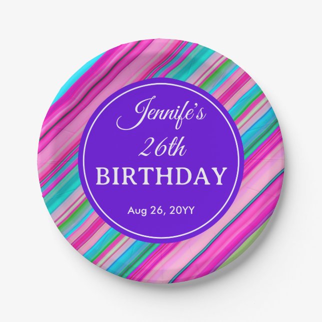 Rainbow Stripe Pattern Birthday Custom Text Paper Plate (Front)