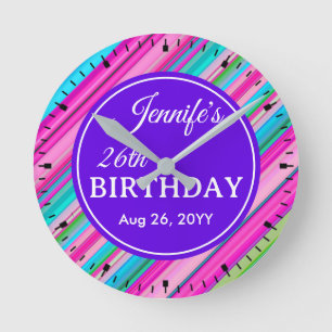 Rainbow Stripe Pattern Birthday Custom Text Round Clock