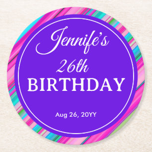 Rainbow Stripe Pattern Birthday Custom Text Round Paper Coaster