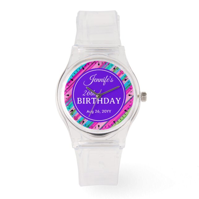 Rainbow Stripe Pattern Birthday Custom Text Watch (Front)