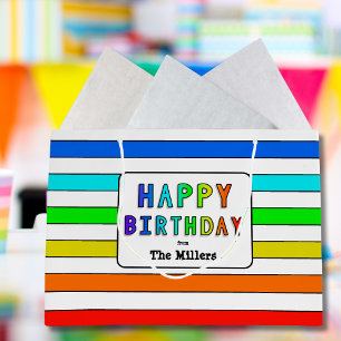 Rainbow Stripe Personalized Happy Birthday Large Gift Bag
