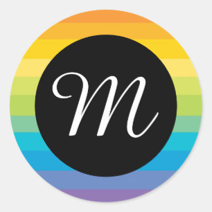 Rainbow Stripe With Black Circle M Monogram Classic Round Sticker