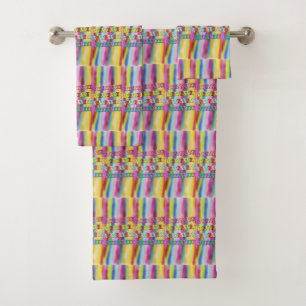 Rainbow striped check mixed colors bright bath towel set