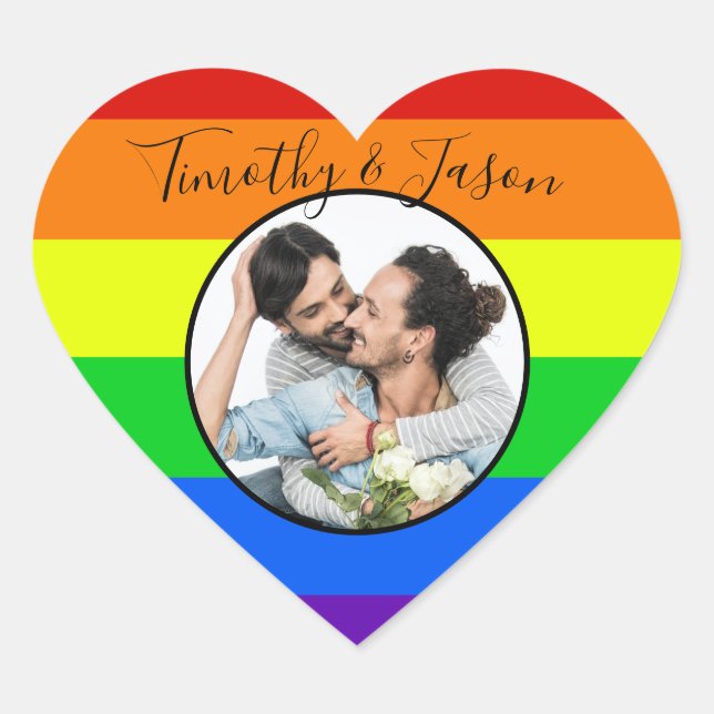Rainbow Striped Custom Heart Photo LGBTQ Wedding Sticker (Front)