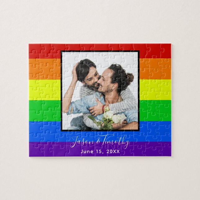 Rainbow Striped LGBTQ Couple Photo Anniversary Jigsaw Puzzle (Horizontal)