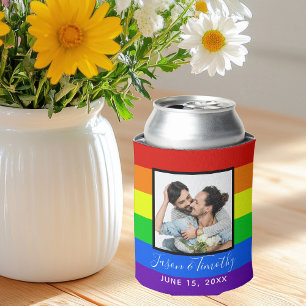 Rainbow Striped Photo Gay Pride LGBTQ Wedding Can Cooler