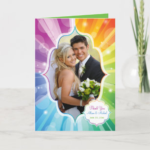 Rainbow Striped Sunburst PHOTO Thank You Card