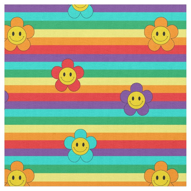 Rainbow Stripes and Hippie Flowers Pattern Fabric (Close Up)