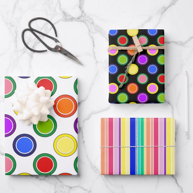Rainbow Stripes and Polka Dots Happy Colourful Wrapping Paper Sheet (Front)
