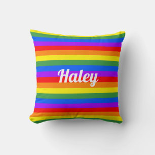 Rainbow Stripes Custom Name Throw Pillow