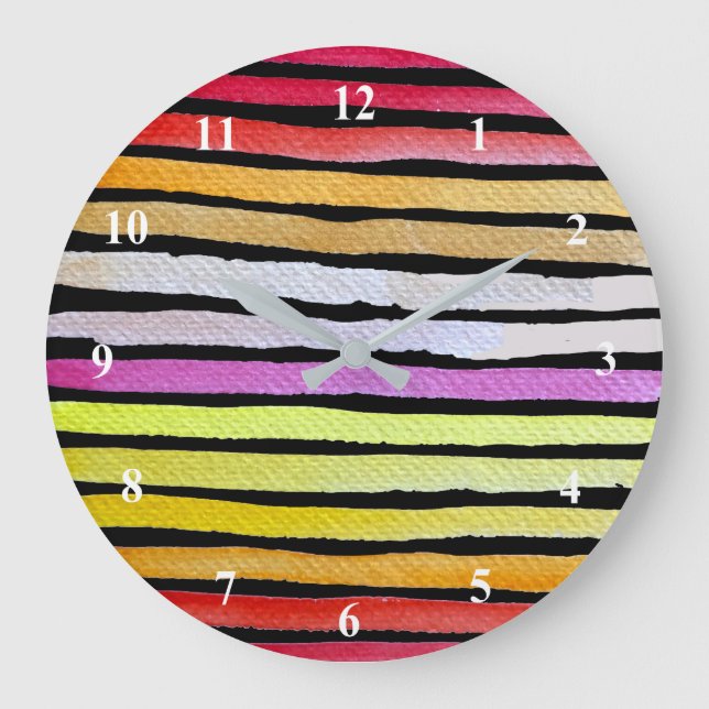 Rainbow stripes cute watercolor large clock (Front)