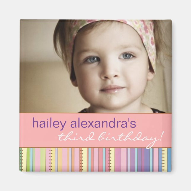 Rainbow Stripes & Dots Birthday Photo Magnet (Front)