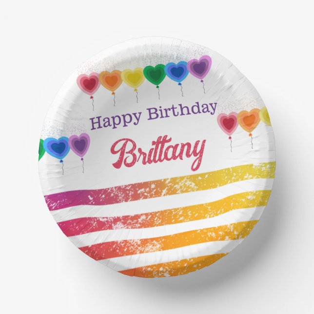 Rainbow Stripes Heart Balloons Name Year Birthday Paper Plate (Front)