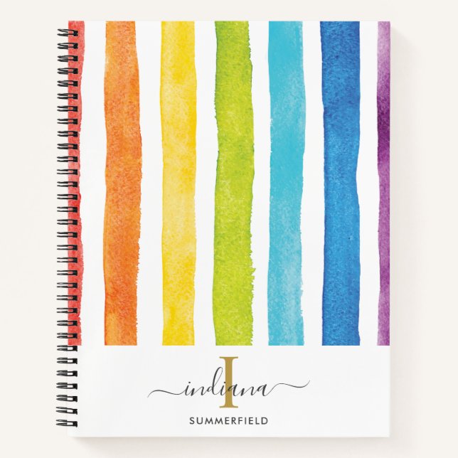 Rainbow Stripes Monogram Script Name Notebook (Front)