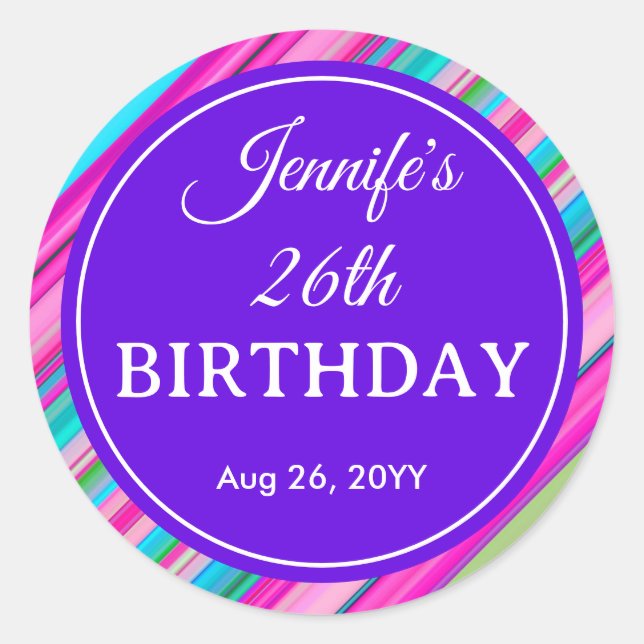 Rainbow Stripes Pattern Birthday Custom Template Classic Round Sticker (Front)