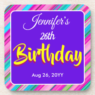 Rainbow Stripes Pattern Birthday Custom Template Coaster