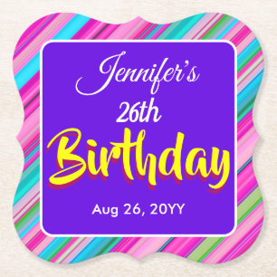 Rainbow Stripes Pattern Birthday Custom Template Paper Coaster