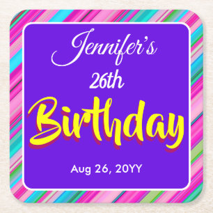 Rainbow Stripes Pattern Birthday Custom Template Square Paper Coaster