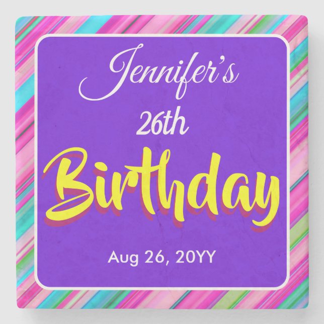 Rainbow Stripes Pattern Birthday Custom Template Stone Coaster (Front)