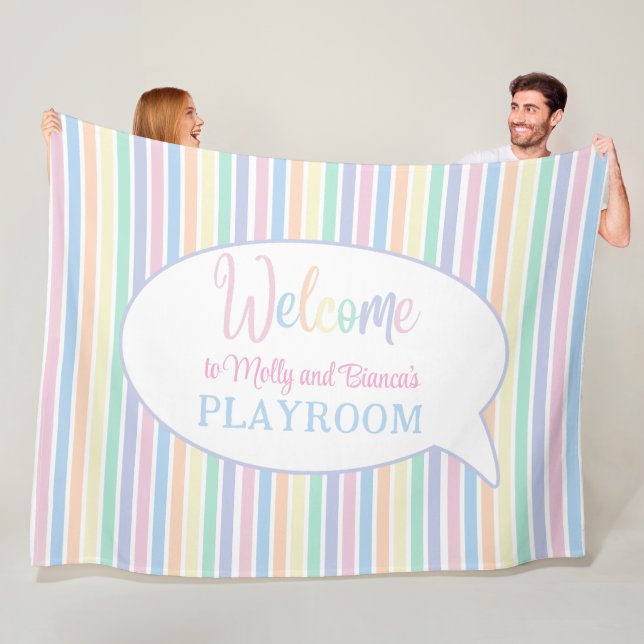Rainbow stripes personalised kids playroom fleece blanket (In Situ)