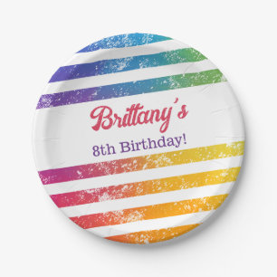 Rainbow Stripes Personalised Name Year Birthday Paper Plate
