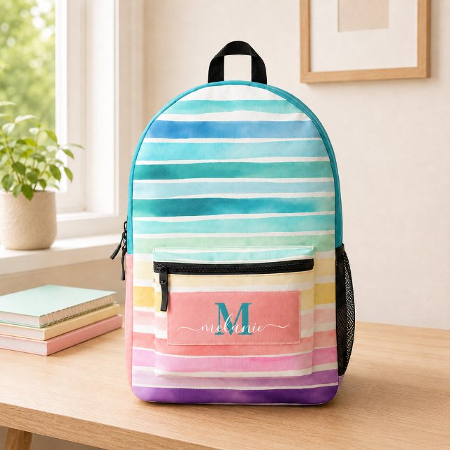 Rainbow Stripes Turquoise Monogram Name Backpack (Colorful Stripes Rainbow Custom Monogram Name Printed Backpack)
