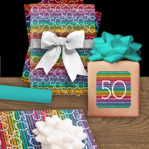 Rainbow Stripes Typography 50th Birthday  Wrapping Paper Sheet