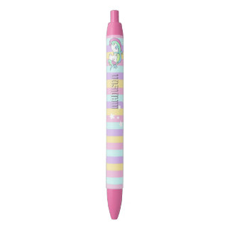 Rainbow stripes Unicorn Stars personalised School Black Ink Pen