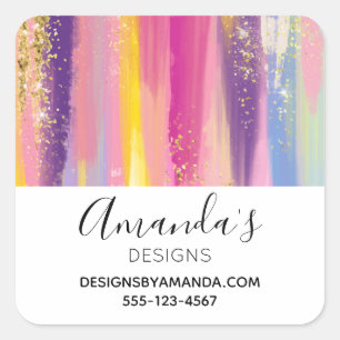 Rainbow Stripes with Faux Gold Glitter Business Square Sticker