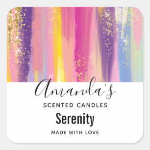 Rainbow Stripes with Faux Gold Glitter Candle Biz Square Sticker