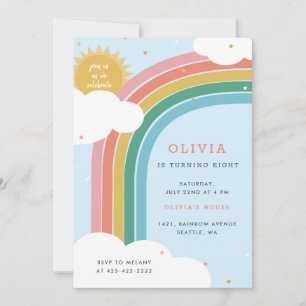 Rainbow, Sun and Clouds Kid's birthday Bright Blue Invitation