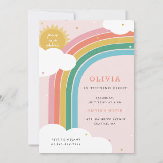 Rainbow, Sun and Clouds Kid's birthday Bright Pink Invitation