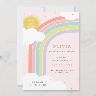 Rainbow, Sun and Clouds Kid's birthday Pink1 Invitation